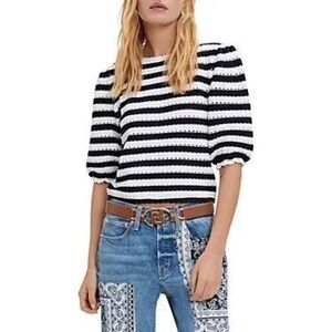 MAJE Marigna Striped Elbow Length Sleeve Sweater In Marine Ecru Size 2